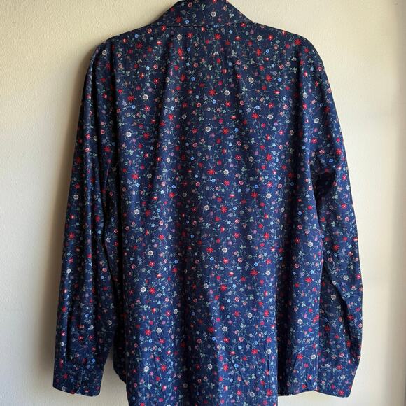 Express Fitted Men's Button-Up Shirt L 16-16½ Navy Blue Red Floral Long Sleeve - Picture 3 of 9